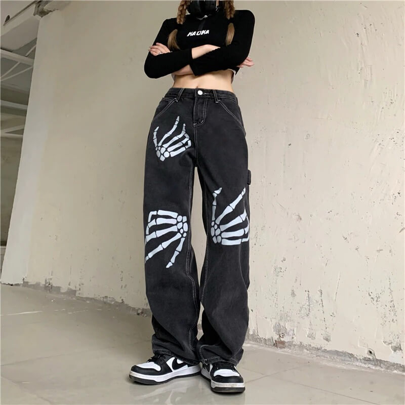 Y2k Skeleton Hands Denim Pants - Cosmique Studio