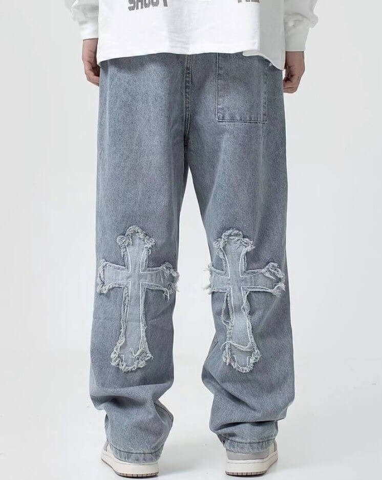 Cross Embroidered Baggy Men Jeans - Cosmique Studio