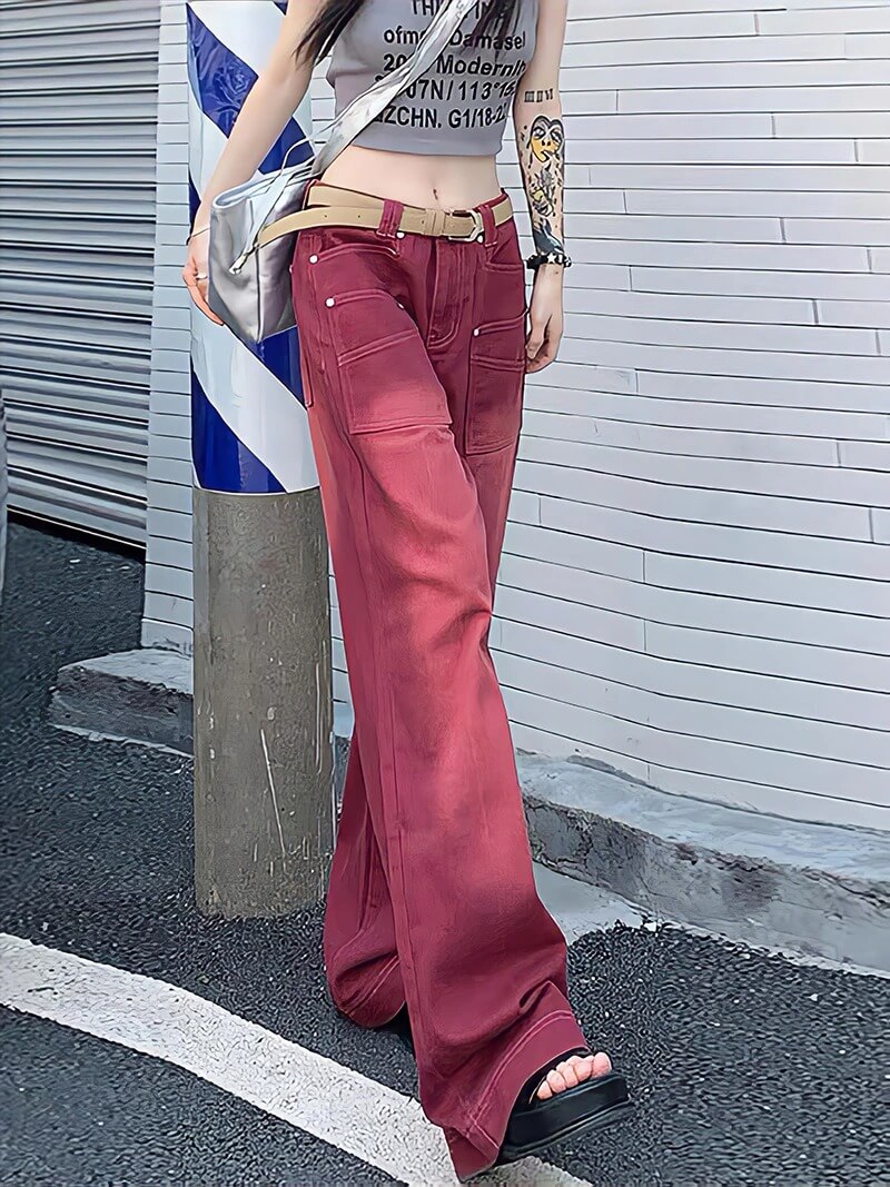 Y2k Bf Style Red Denim Pants - Cosmique Studio
