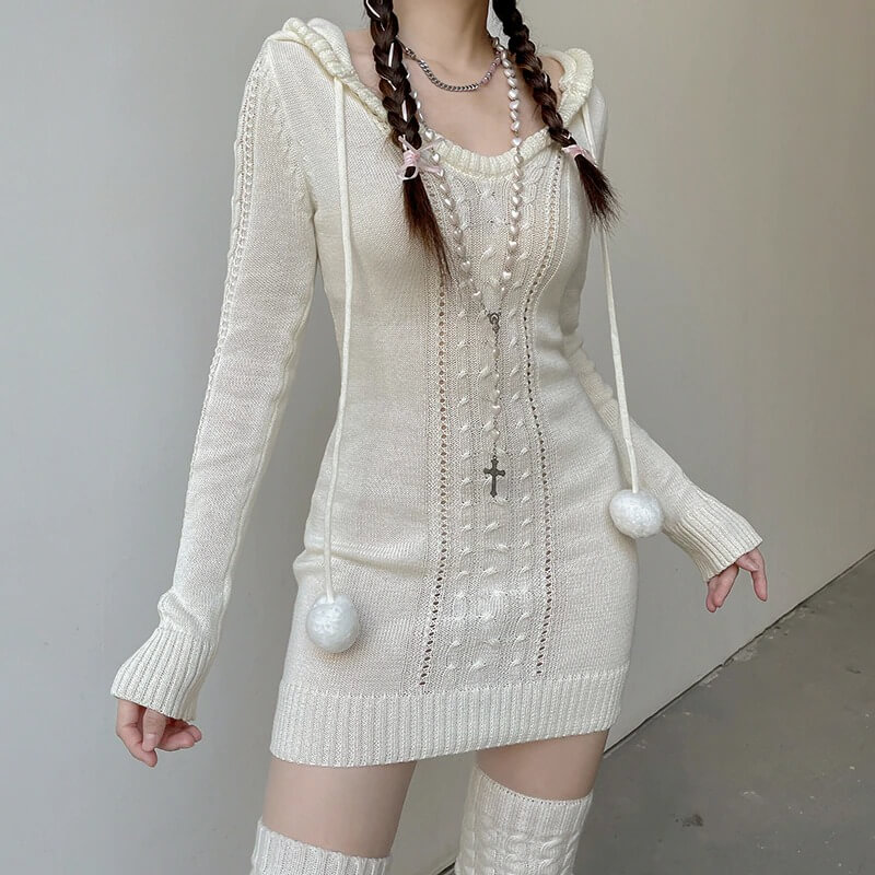 Soft Aesthetic Hooded Knitted Mini Dress - Cosmique Studio