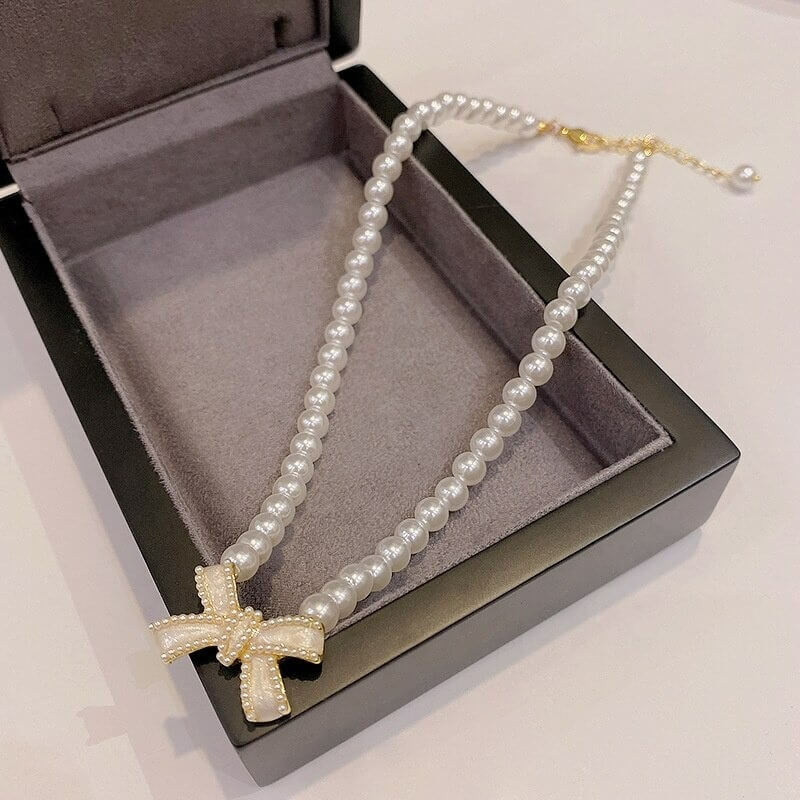 Coquette Pearl Ribbon Necklace - Cosmique Studio