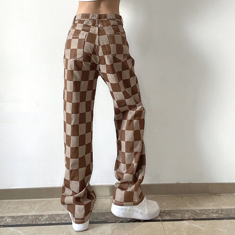 Y2k Brown Checkerboard Pants - Cosmique Studio