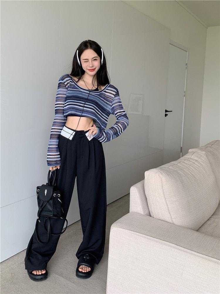 Y2K Striped Crop Sweater - Cosmique Studio