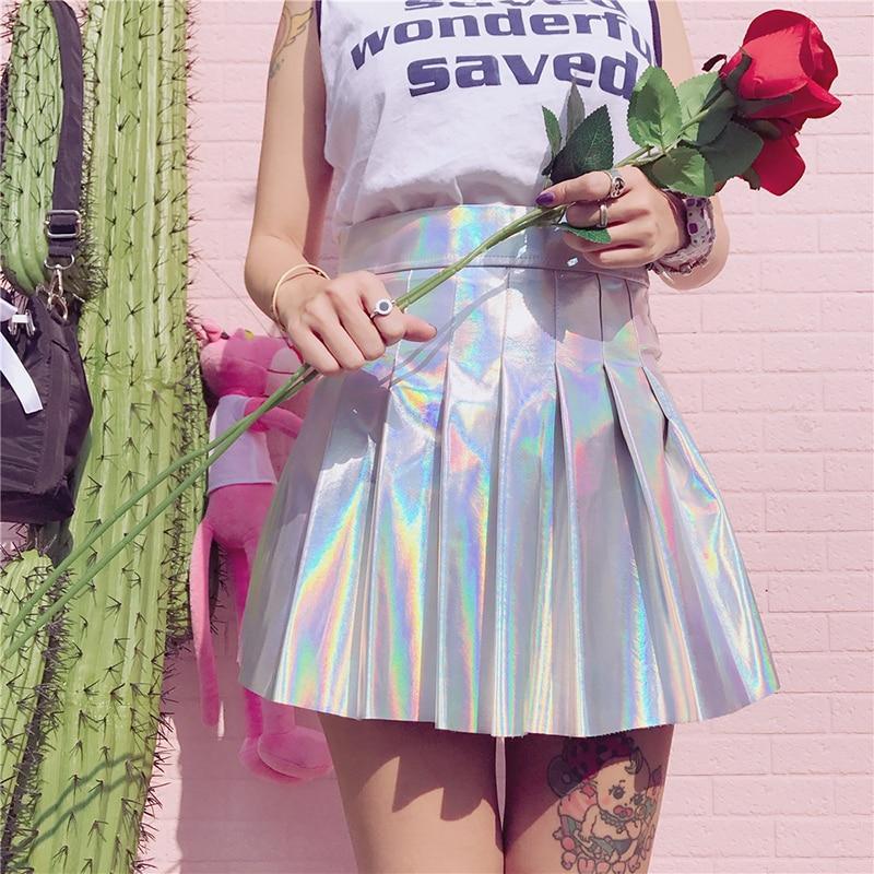 Pink Holographic Circle Skirt Holographic Harajuku Pleated Skirt