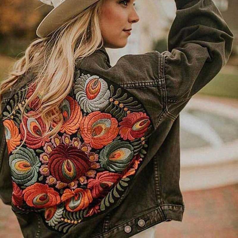 Bohemian Floral Embellished Denim Jacket Women Autumn & Winter