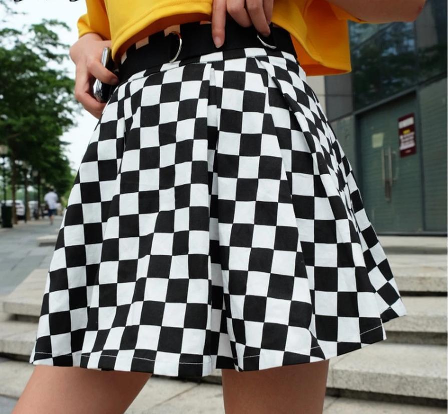 PLEATED CHECKERBOARD HIGH WAIST MINI SKIRT - Cosmique Studio