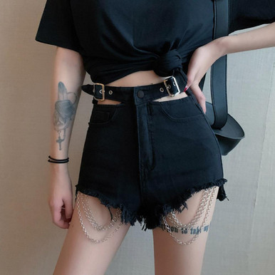 EGIRL STYLE GOTHIC CHAIN BUCKLE DENIM SHORTS - Cosmique Studio