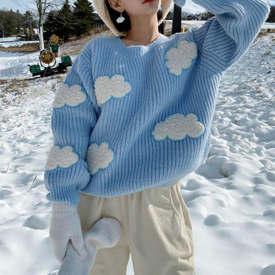 【DISCERNMENT】Snow Fluffy Knit SOFT GIRL CLOUDS KNITTED SWEATER - Cosmique Studio