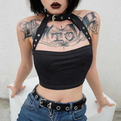 GRUNGE CHOKER HALTER BLACK CROP TOP - Cosmique Studio