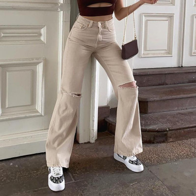 Y2K AESTHETIC HIGH WAIST RIPPED KNEE BEIGE PANTS - Cosmique Studio