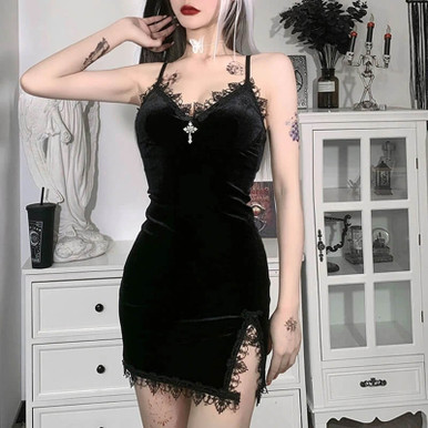 Gothic Lace Slit Mini Dress - Cosmique Studio