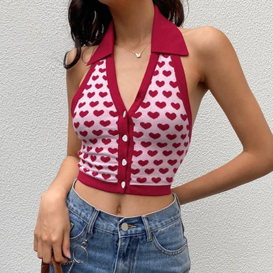 Y2K COLLARED HEART PATTERNED PINK CROP TOP