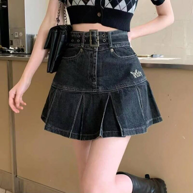 Y2k Pleated Denim Mini Skirt - Cosmique Studio
