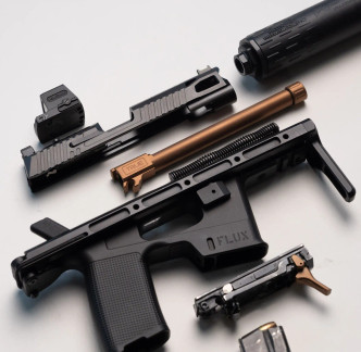 A fully exploded view of the Flux P365 with True Precision threaded extended barrel in copper TiCN