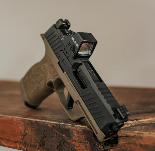 Sig P365 with True Precision non-threaded barrel, and duty slide on a wood beam
