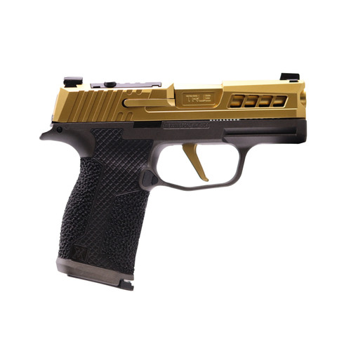 Sig P365 with gold True Precision Slide, Barrel, and Flat Trigger.