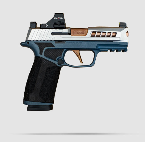 A fully built Sig P365 XL with True Precision non-threaded copper TiCN barrel, and True flat trigger, with Stainless Axiom slide, on a grey background with dropshadow