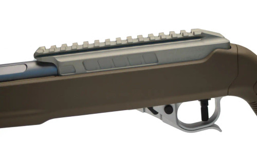 Fully built Satin Stainless True Precision TP/22 with FDE Magpull Stock close up of receiver back