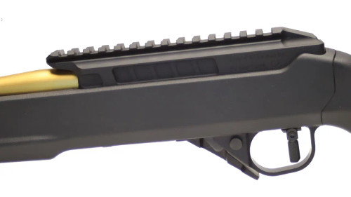 Fully built black and gold True Precision TP/22 with FDE Magpull Stock close up of receiver Back