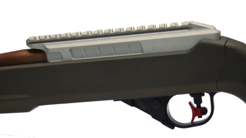 Fully built Stainless and Copper True Precision TP/22 with FDE Magpull Stock Close up of receiver back