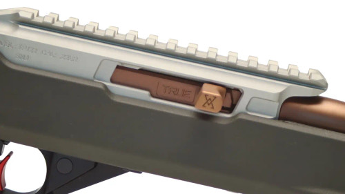 Fully built Stainless and Copper True Precision TP/22 with FDE Magpull Stock Close up of receiver front