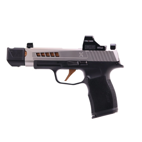 True Precision Sig P365XL with stainless slide, copper barrel and trigger, black True-Lock comp, and grip module, night Fision Night Sites Back