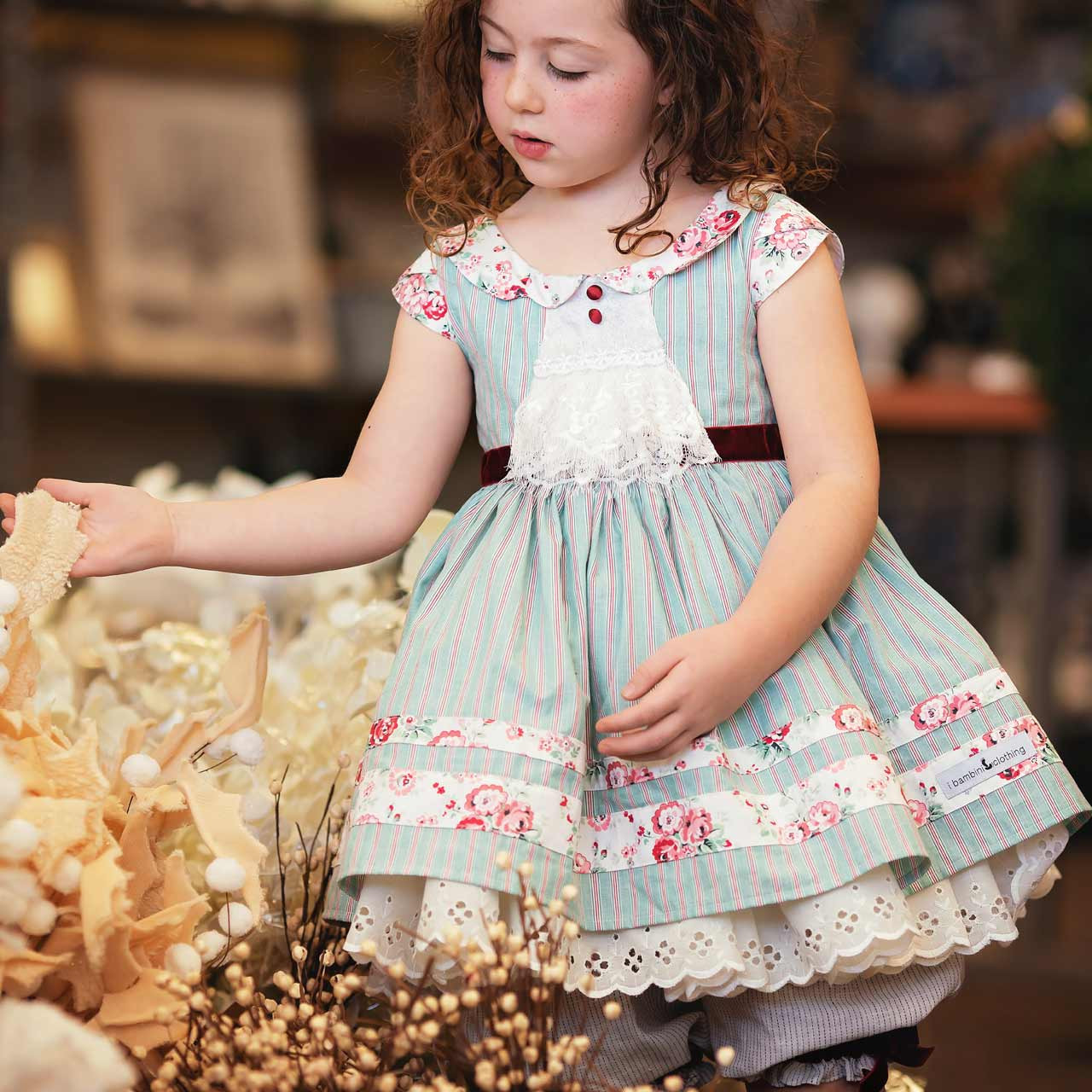 Heirloom Christmas Noel Set: Dress + Pantaloons in Vintage Dotted Stripes Green/Red - I Bambini Clothing Heirloom Christmas Noel Set: Dress + Pantaloons in Vintage Dotted Stripes Green/Red - I Bambini Clothing