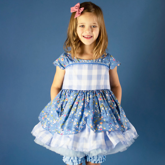 Heirloom Easter Set: Dress + Ruffled Bo Peep Shorts in Ditzy Blue Floral
