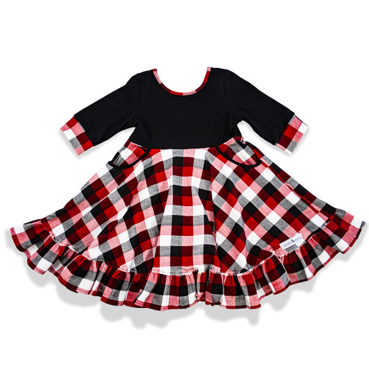 Cady Dress | 1/2 Sleeve with Pockets & Full Skirt in Black Knit and Buffalo Check