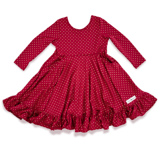 Cordelia Dress in Gold Dotted Maroon | 3/4 Sleeve, Pockets, Full Skirt Dress