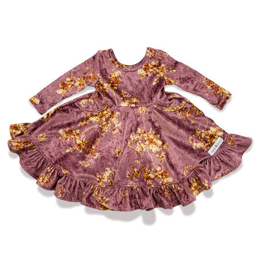 Cordelia Dress in Gold Floral Mauve | 3/4 Sleeve, Pockets, Full Skirt Dress