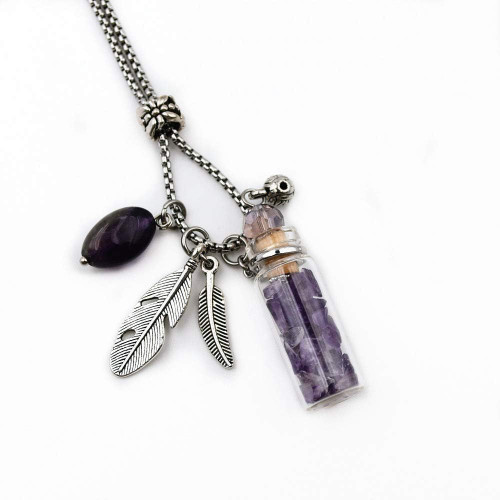 Aromatherapy Locket Pendant  Glass Vial Necklace Purple 