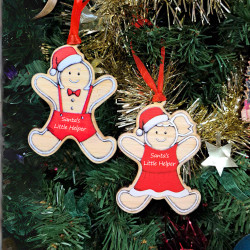 Gingerbread man and gingerbread woman Santa's Little Helper wooden hanging Christmas decorations