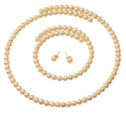 Wire coiled small pearl necklace, bracelet band and earrings