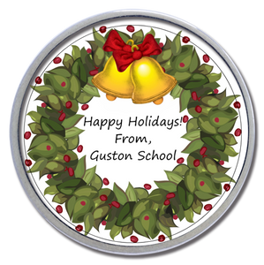 Pewter Badge Pin 29mm, Christmas Wreath design with customisable text - cathedral version Pewter Badge Pin 29mm, Christmas Wreath design with customisable text - cathedral version