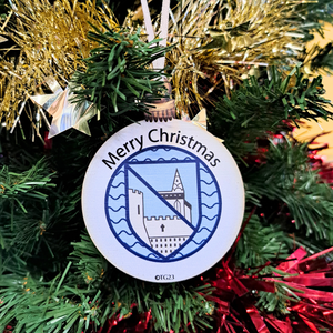 Silver Customised Wooden Christmas Bauble hanging with silver ribbon, on a real Christmas tree Silver Customised Wooden Christmas Bauble hanging with silver ribbon, on a real Christmas tree