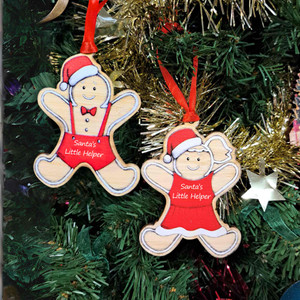 Gingerbread man and gingerbread woman Santa's Little Helper wooden hanging Christmas decorations Gingerbread man and gingerbread woman Santa's Little Helper wooden hanging Christmas decorations