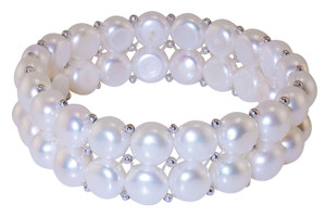 2 row flat white pearl and silver bracelet 8mm-9mm