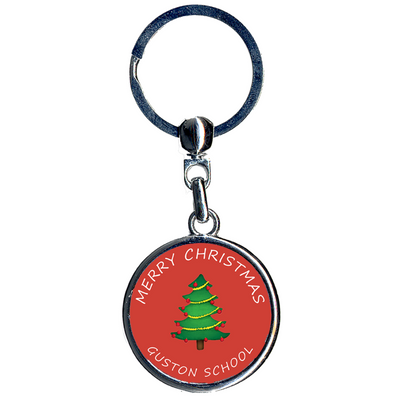 Christmas Customised Keyring showing a crystal lensed decal with the Christmas tree design with custom text