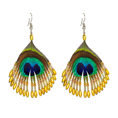 Peacock Feather Earrings - Yellow Front