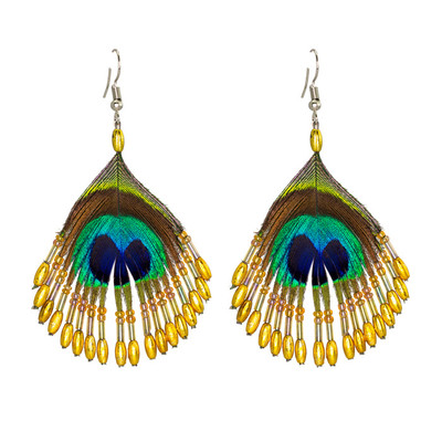 Peacock Feather Earrings - Yellow Front
