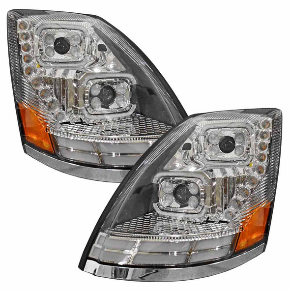 VNL Replacement AmeriLite Chrome Dual LED Halo Projector Headlights Pair For 2004-2015 Volvo VN 