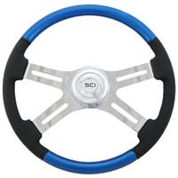 18" Classic Combo Blue Wood & Leather 4 Chrome Spoke Steering Wheel