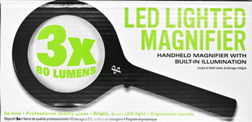 This professional quality magnifier is great for reading, crafts, repairs, appraisals, science projects, and more! Includes top-grade 3x lens, durable, scratch-resistant glass, an ergonomic handle, and 3 super bright energy-efficient LED strips. Magnifier takes 2 AA batteries (not included). This professional quality magnifier is great for reading, crafts, repairs, appraisals, science projects, and more! Includes top-grade 3x lens, durable, scratch-resistant glass, an ergonomic handle, and 3 super bright energy-efficient LED strips. Magnifier takes 2 AA batteries (not included).