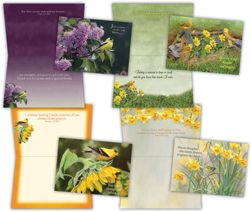 Flowers and birds bring joy and smiles to peoples faces and warm the heart, these faith based thinking of you cards are great to have around when you want to brighten someones day.
Each card features KJV Scripture
Boxed Thinking of You Cards
Special Features - printed on the inside
Boxed greeting card assortment 12 cards and envelopes
3 each of 4 designs Flowers and birds bring joy and smiles to peoples faces and warm the heart, these faith based thinking of you cards are great to have around when you want to brighten someones day.
Each card features KJV Scripture
Boxed Thinking of You Cards
Special Features - printed on the inside
Boxed greeting card assortment 12 cards and envelopes
3 each of 4 designs