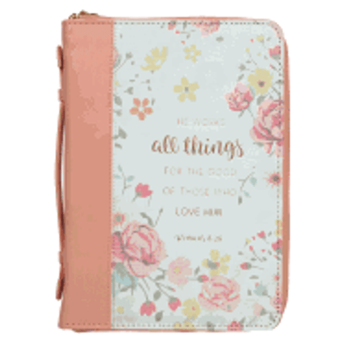 He works all things for the good of those who love Him. Romans 8:28 When you give the All Things LuxLeather Bible Cover to your mother-in-law, daughter, or friend from small group, you show her how important study and time in the Word is to you. Featuring a paraphrase of the powerful verse from Romans 8:28, this Christian LuxLeather Bible cover will remind her how the Lord always works in her life, directing her, listening to her, and loving her. She can put her treasured Bible inside the All Things Bible Cover, and also keep all her important notes and writing instruments handy inside the cover He works all things for the good of those who love Him. Romans 8:28 When you give the All Things LuxLeather Bible Cover to your mother-in-law, daughter, or friend from small group, you show her how important study and time in the Word is to you. Featuring a paraphrase of the powerful verse from Romans 8:28, this Christian LuxLeather Bible cover will remind her how the Lord always works in her life, directing her, listening to her, and loving her. She can put her treasured Bible inside the All Things Bible Cover, and also keep all her important notes and writing instruments handy inside the cover