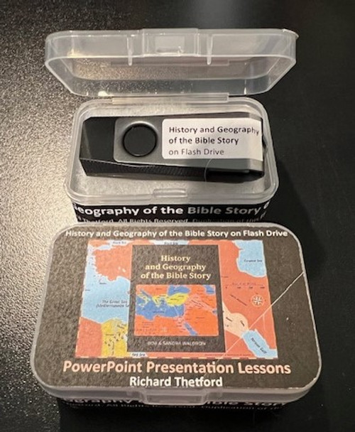 This USB FLASH DRIVE is a companion to the History and Geography of the Bible Story workbook by Bob and Sandra Waldron, and includes all 52 lessons completed on more than 940 PowerPoint Charts!