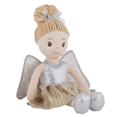 Adorable angel doll in metallic fancy outfit with wings and sparkle embellishment
100% polyester fabric doll; 13.75" tall
Angel doll dressed in silver