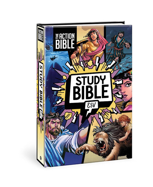 Discover the full-color, full-text study Bible from the bestselling Action Bible brand.
 
The full-text ESV translation, paired with full-color interior and The Action Bible illustrations throughout, makes this the must-have study Bible for your kids.
 
In this enhanced version of The Action Bible Study Bible ESV, 40 vivid, full-color illustrated pages by comic book artist Sergio Cariello bring Scripture to life for preteens.  It includes engaging special features such as memory verses and games to help kids ages 8 and up discover the joy of reading and understanding God’s Word.

Starting with the brand-new premium covers ready for personalization, you’ll discover satellite-view maps, an all-new interior design, and updated chapter introductions for every book of the Bible. This full-text Bible also includes a dictionary, a concordance, a user-friendly index, and colorful features designed for young readers, such as:
 
What about This?: Insights to tough questions about faith.
Memorize This: Pull-out verses for memorizing.
More to the Story: Who did what, when, where … and why it matters.
Guess It!: Person, place, or thing? Guessing fun with 5 clues.
Take Action: Reflections on how Scripture passages apply to life today.
Facts from the Past: Learn more about clothes, houses, weapons, food, celebrations, and traditions in Bible times.
 
Best of all, The Action Bible Study Bible ESV connects young readers to illustrations and passages from their treasured Action Bible, igniting their imaginations while building a foundation of faith.