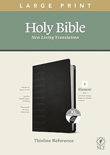 The Tyndale NLT Large Print Thinline Reference Bible, Filament-Enabled Edition has readable text, an attractive layout, and cross-references in a thin, easy-to-carry size. And while it has the same low price as basic text-only Bibles, the NLT Large Print Thinline Reference offers much more. It not only features a bold new design and the clear and accurate New Living Translation (NLT) but also includes the groundbreaking Filament Bible app. This app enables you to use your smartphone or tablet to connect every page to a vast array of related content, including study notes, audio Bibles, devotionals, interactive maps, informative videos, and worship music.
The Filament Bible app turns this Bible into a powerful study and devotional experience, offering more to expand your mind and touch your heart than you can possibly hold in your hand. The Tyndale NLT Large Print Thinline Reference Bible, Filament-Enabled Edition has readable text, an attractive layout, and cross-references in a thin, easy-to-carry size. And while it has the same low price as basic text-only Bibles, the NLT Large Print Thinline Reference offers much more. It not only features a bold new design and the clear and accurate New Living Translation (NLT) but also includes the groundbreaking Filament Bible app. This app enables you to use your smartphone or tablet to connect every page to a vast array of related content, including study notes, audio Bibles, devotionals, interactive maps, informative videos, and worship music.
The Filament Bible app turns this Bible into a powerful study and devotional experience, offering more to expand your mind and touch your heart than you can possibly hold in your hand.